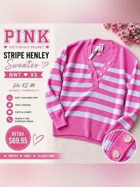 Victoria’s Secret PINK Pink Stripe Sweater XS Oversized Fits S/M NWT